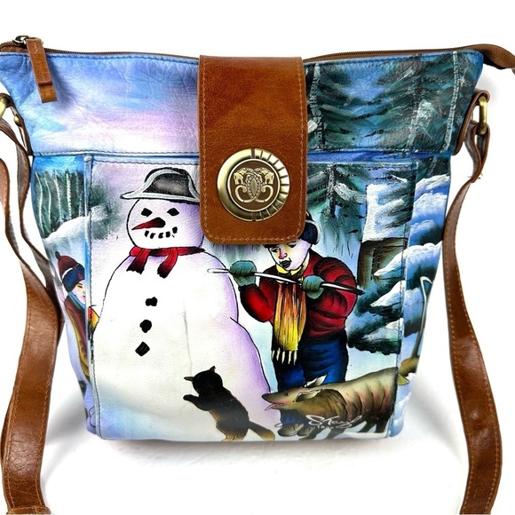 Sharif Artistic Expressions Crossbody Bag Hand Painted Leather Winter Wonderland - Picture 2 of 15